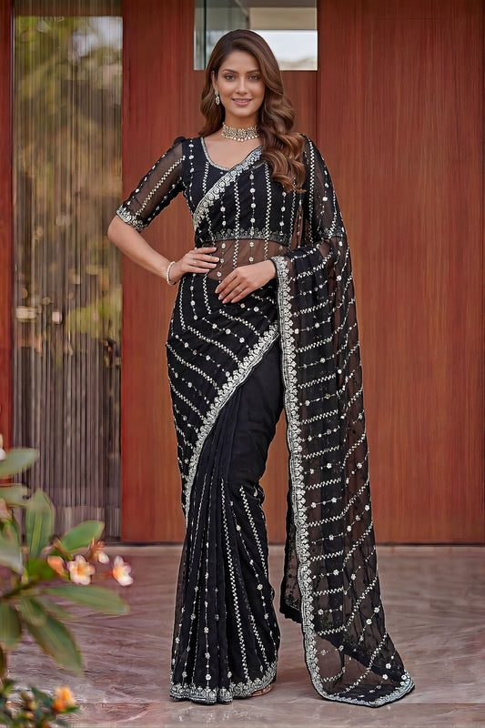 Dark Black Art Silk Saree Heavy Embroidery Work and Designer Blouse