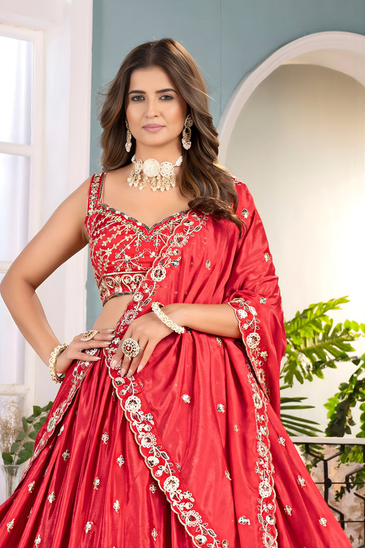 Elegant Orange Chinon Silk Embroidered Lehenga Choli with Designer Dupatta for Wedding