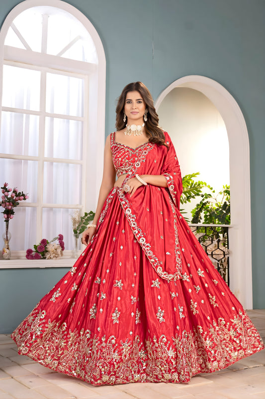 Elegant Orange Chinon Silk Embroidered Lehenga Choli with Designer Dupatta for Wedding