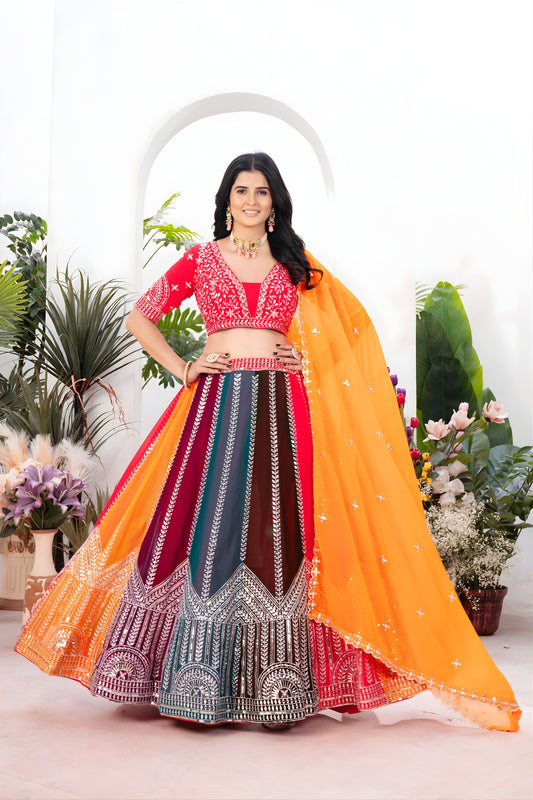 Stunning Multicolor Faux Georgette Embroidered Lehenga Choli with Designer Dupatta for Wedding