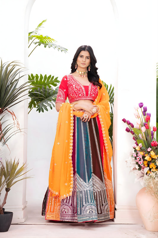 Stunning Multicolor Faux Georgette Embroidered Lehenga Choli with Designer Dupatta for Wedding