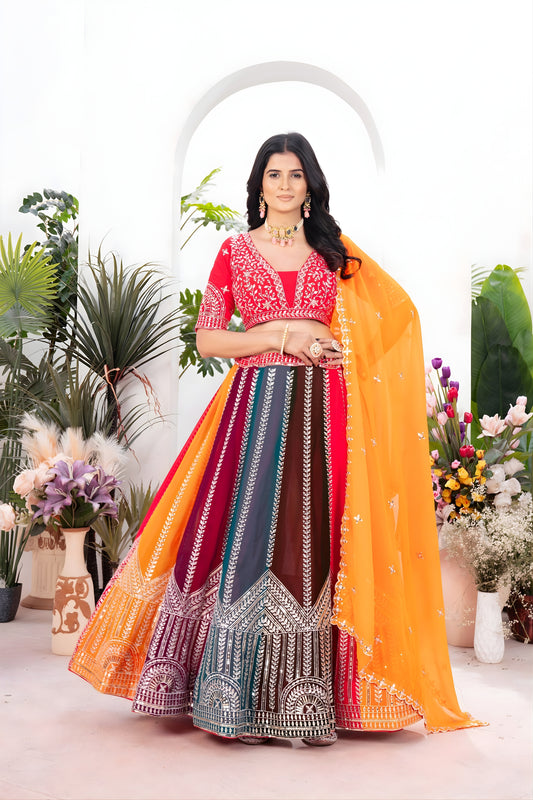 Stunning Multicolor Faux Georgette Embroidered Lehenga Choli with Designer Dupatta for Wedding