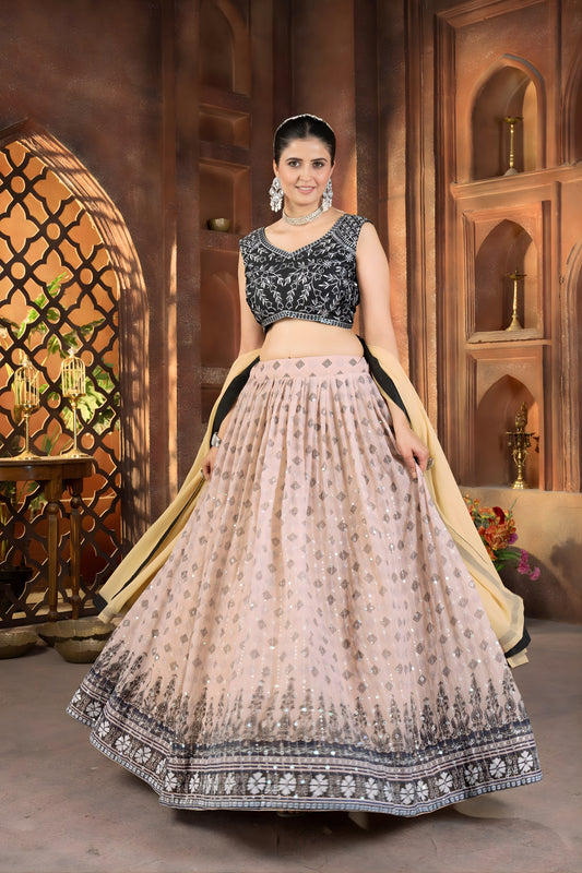 Stylish Beige Faux Georgette Embroidered Lehenga Choli with Designer Dupatta for Wedding