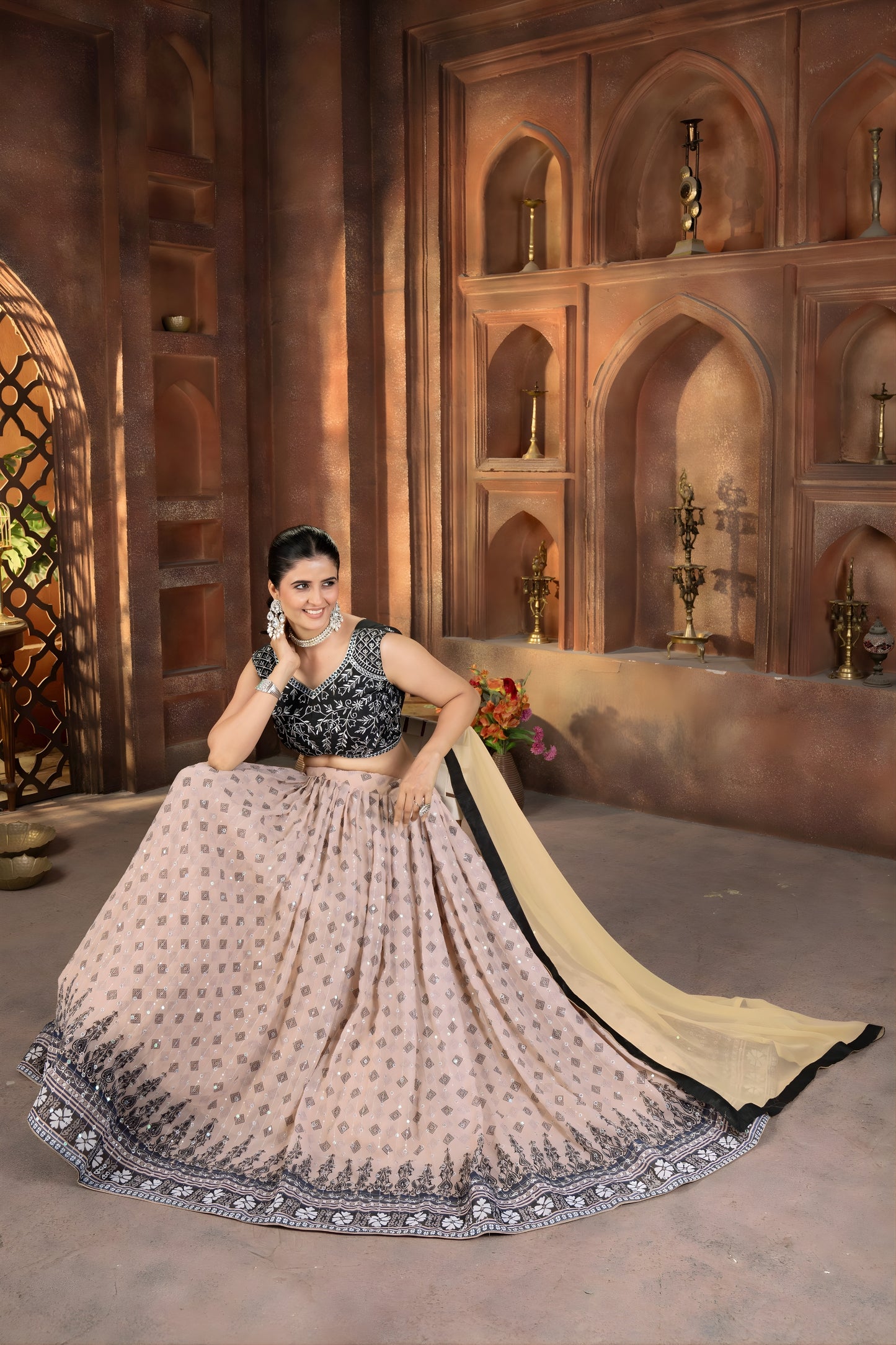 Stylish Beige Faux Georgette Embroidered Lehenga Choli with Designer Dupatta for Wedding