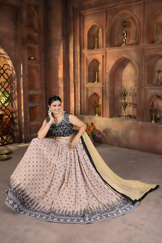 Stylish Beige Faux Georgette Embroidered Lehenga Choli with Designer Dupatta for Wedding