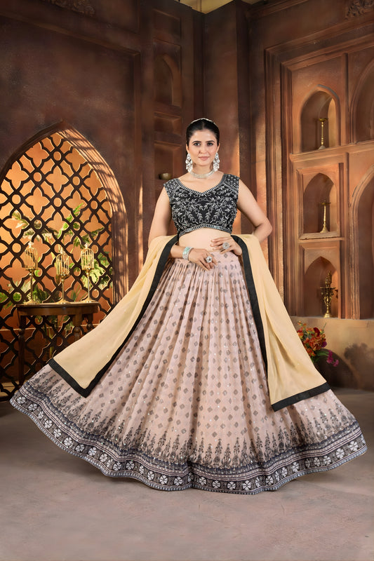 Stylish Beige Faux Georgette Embroidered Lehenga Choli with Designer Dupatta for Wedding