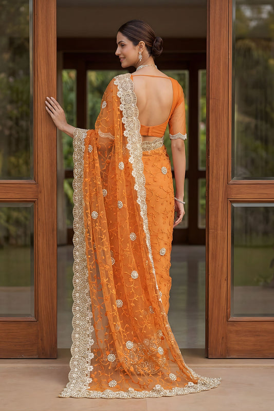 Vibrant Orange Net Heavy Embroidered Saree Blouse Piece for Wedding