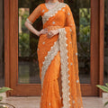 Vibrant Orange Net Heavy Embroidered Saree Blouse Piece for Wedding