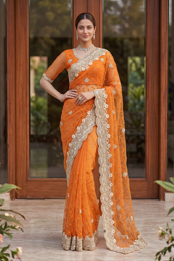 Vibrant Orange Net Heavy Embroidered Saree Blouse Piece for Wedding