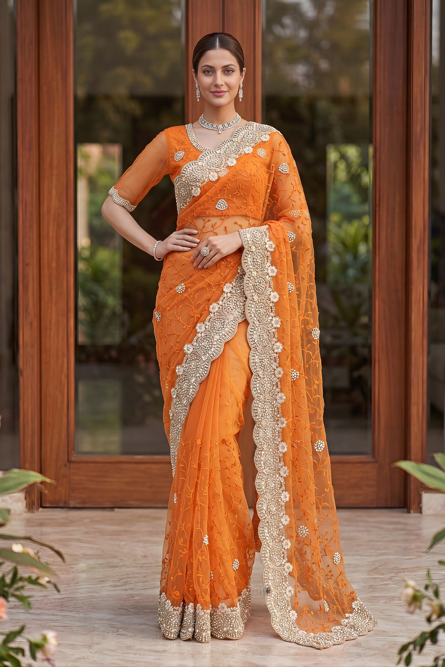 Vibrant Orange Net Heavy Embroidered Saree Blouse Piece for Wedding