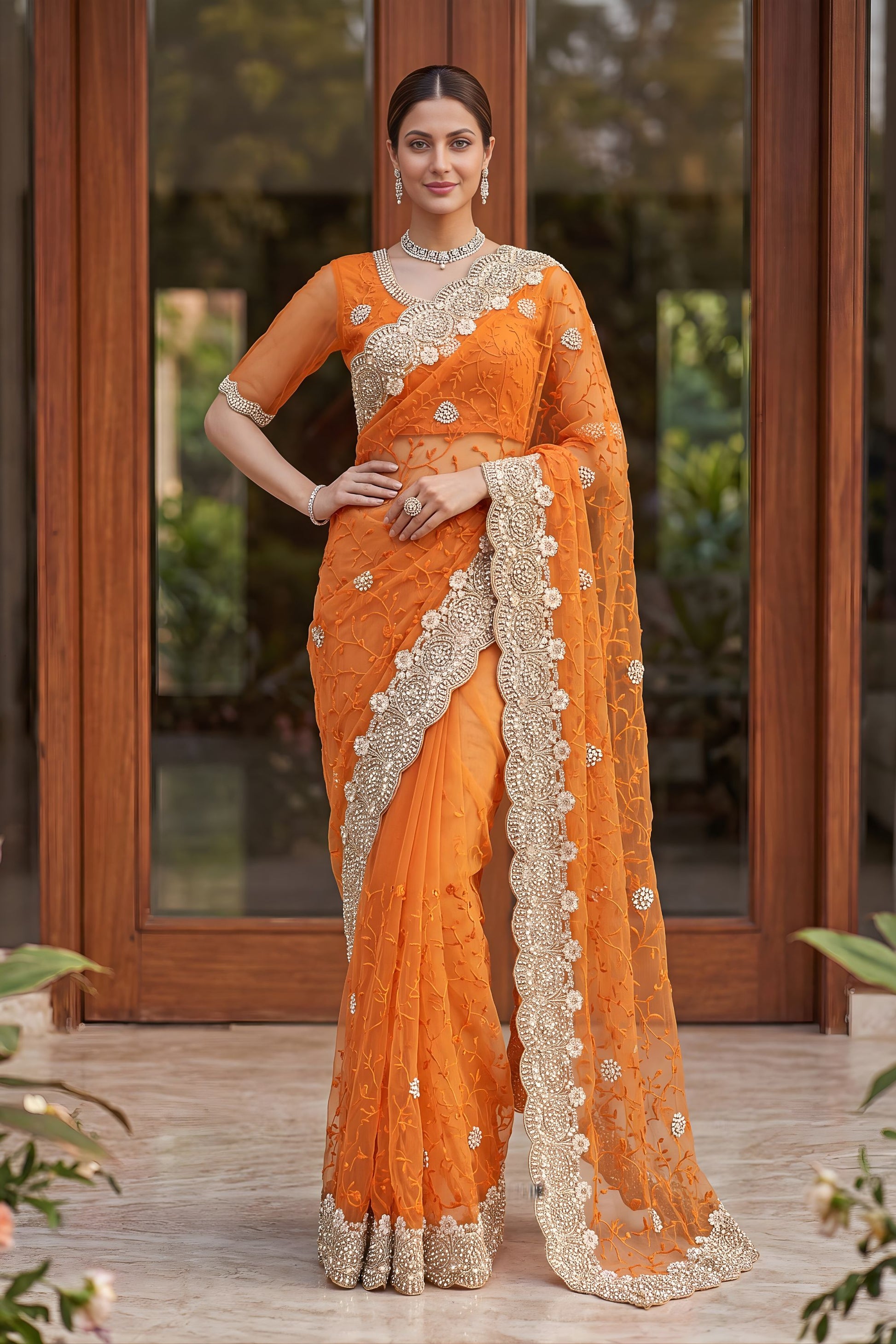 Vibrant Orange Net Heavy Embroidered Saree Blouse Piece for Wedding