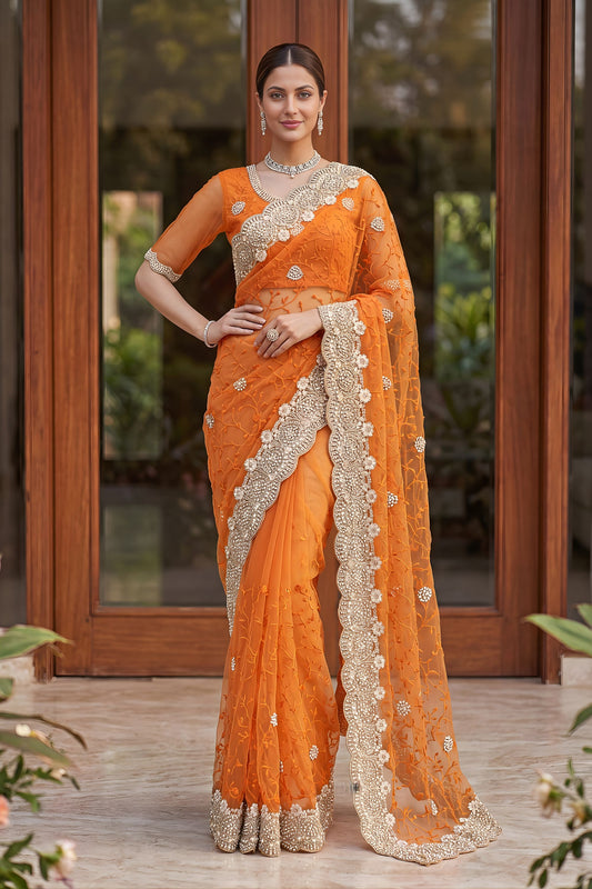 Vibrant Orange Net Heavy Embroidered Saree Blouse Piece for Wedding
