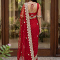 Stylish Red Net Heavy Embroidered Saree Blouse Piece Wedding