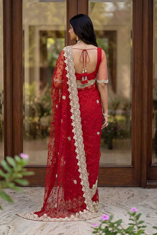 Stylish Red Net Heavy Embroidered Saree Blouse Piece Wedding
