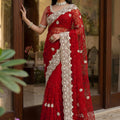 Luxury Red Butterfly Net Heavy Embroidered Saree Blouse Piece Wedding 