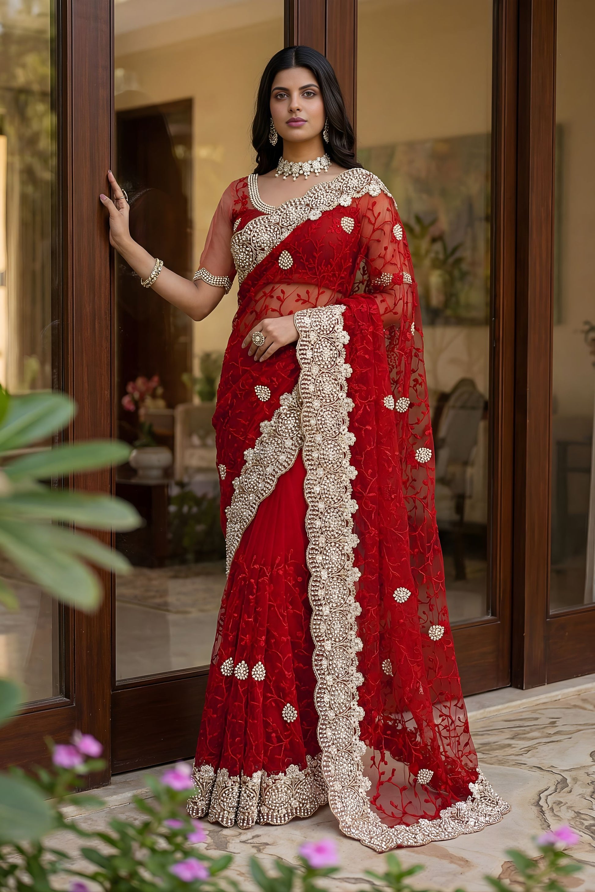 Luxury Red Butterfly Net Heavy Embroidered Saree Blouse Piece Wedding 