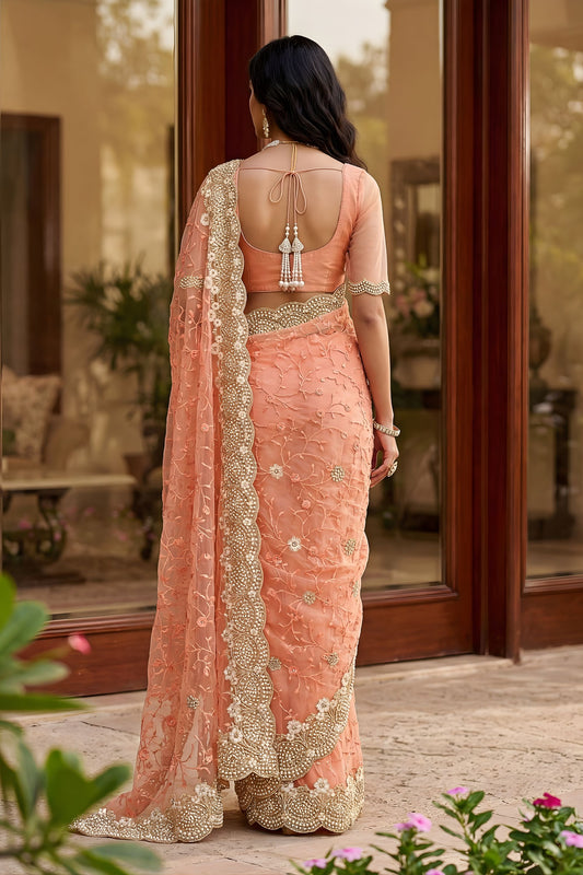 Luxury Peach Net Heavy Embroidered Saree Blouse Piece for Wedding