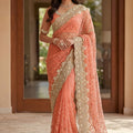 Luxury Peach Butterfly Net Heavy Embroidered Saree Blouse Piece for Wedding