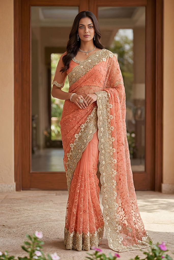Luxury Peach Butterfly Net Heavy Embroidered Saree Blouse Piece for Wedding