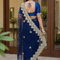 Royal Navy Blue Net Heavy Embroidered Saree Blouse Piece for Wedding