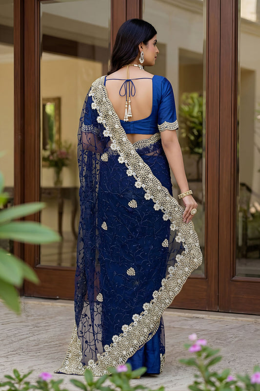 Royal Navy Blue Net Heavy Embroidered Saree Blouse Piece for Wedding