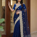 Royal Navy Blue Net Heavy Embroidered Saree Blouse Piece for Wedding