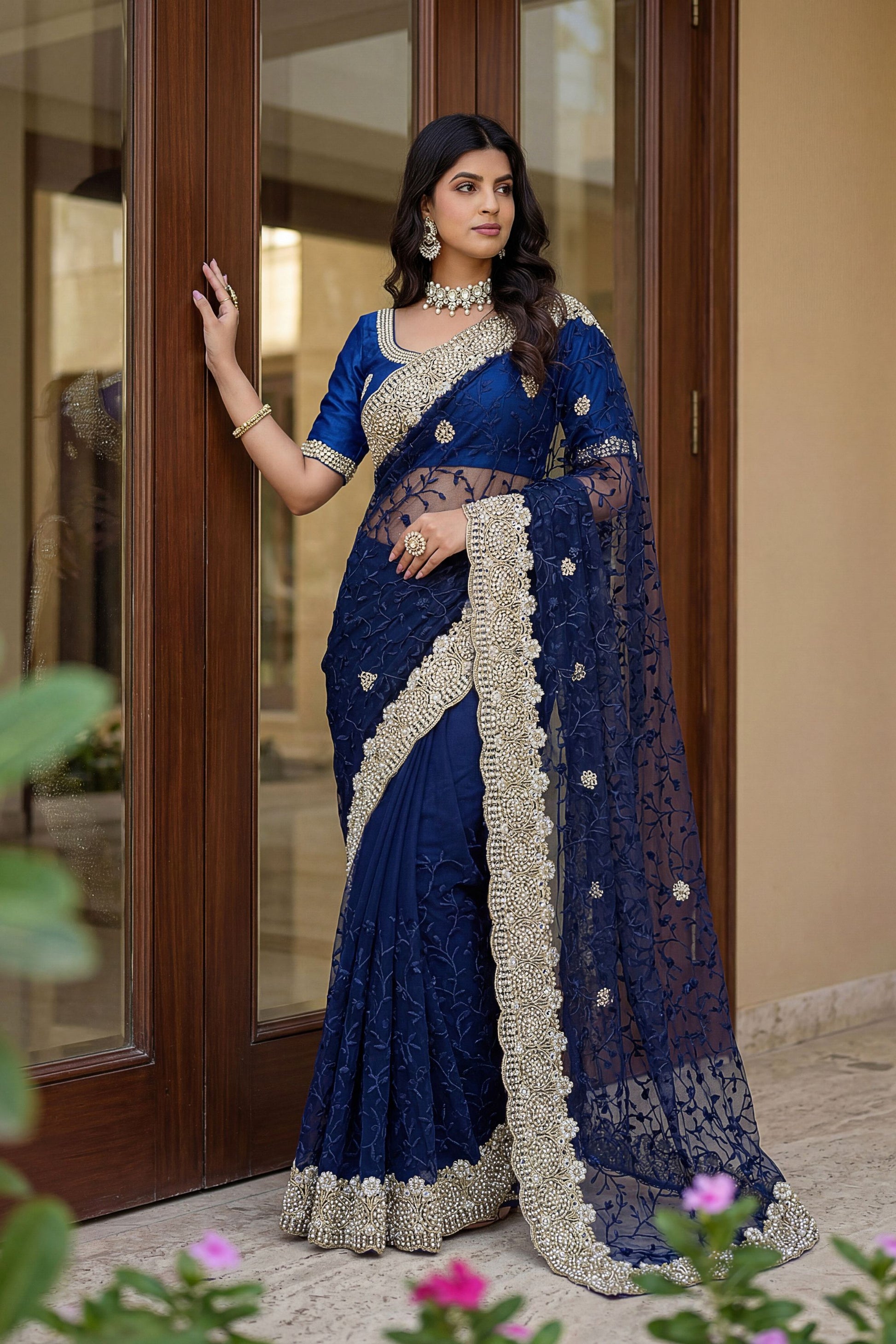 Royal Navy Blue Net Heavy Embroidered Saree Blouse Piece for Wedding