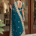 Luxury Teal Blue Net Heavy Embroidered Saree Blouse Piece for Wedding