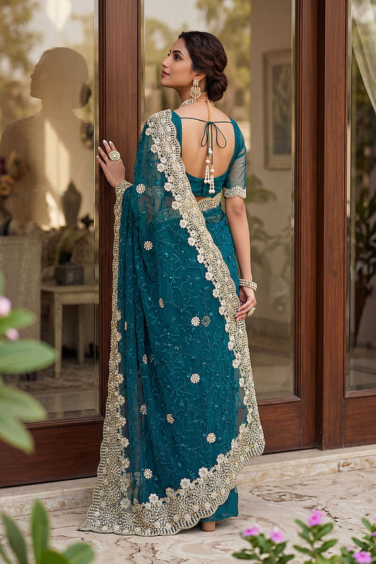 Luxury Teal Blue Net Heavy Embroidered Saree Blouse Piece for Wedding
