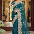 Luxury Teal Blue Net Heavy Embroidered Saree Blouse Piece for Wedding