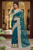 Luxury Teal Blue Net Heavy Embroidered Saree Blouse Piece for Wedding