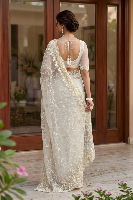 Stylish White Net Heavy Embroidered Saree Blouse Piece for Wedding