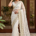 Luxury White Net Heavy Embroidered Saree Blouse Piece for Wedding