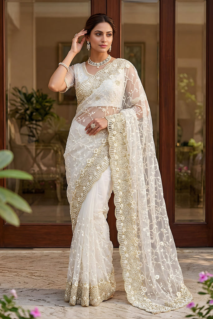 Luxury White Net Heavy Embroidered Saree Blouse Piece for Wedding