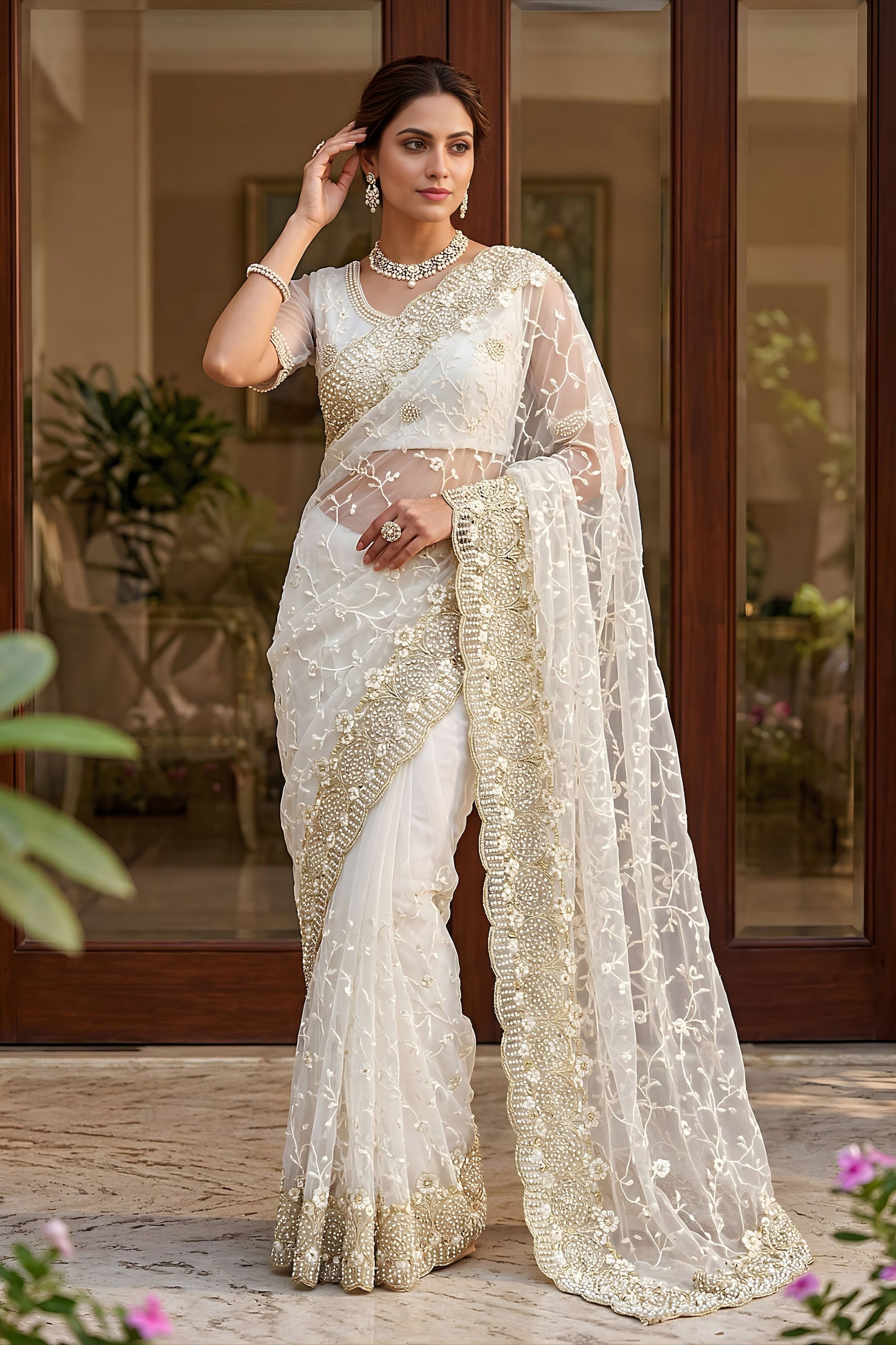 Luxury White Net Heavy Embroidered Saree Blouse Piece for Wedding
