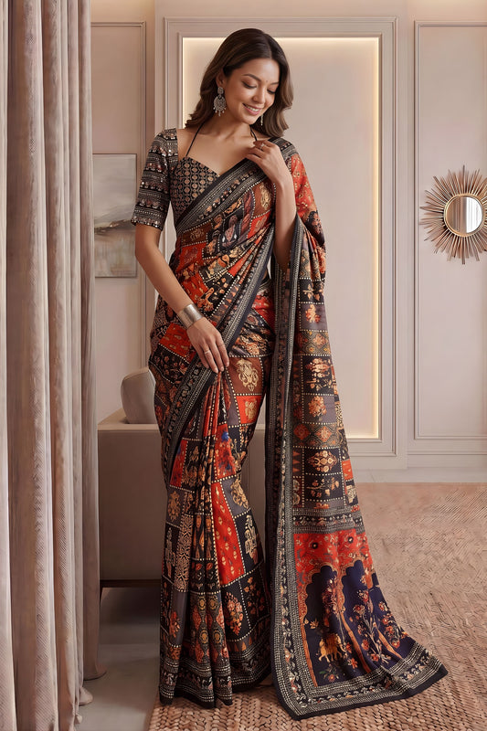 Elegant Multicolor Chinon Digital Printed Saree Blouse Piece for Party Wear