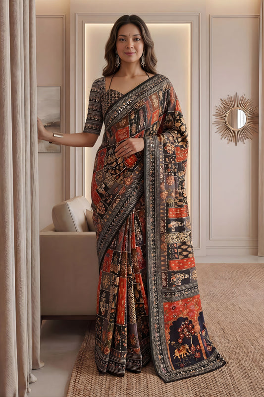 Elegant Multicolor Chinon Digital Printed Saree Blouse Piece for Party Wear