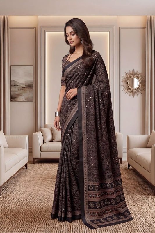 Elegant Black Chinon Digital Printed Saree Blouse Piece for Party Wear
