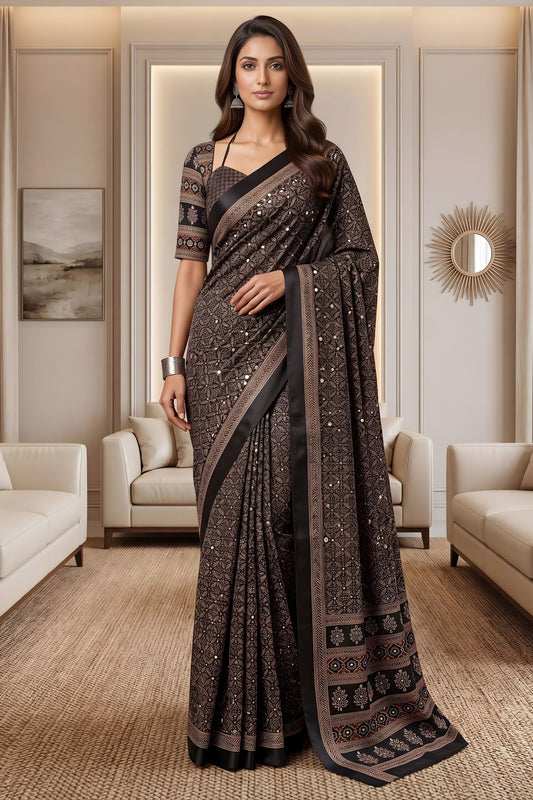 Elegant Black Chinon Digital Printed Saree Blouse Piece for Party Wear