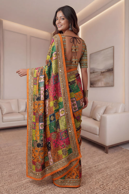 Elegant Multicolor Chinon Digital Printed Saree Blouse Piece for Party Wear