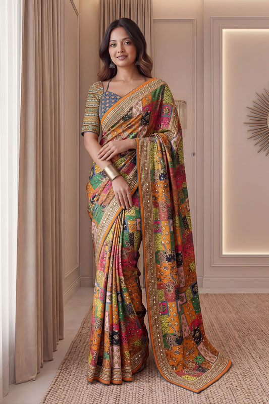 Elegant Multicolor Chinon Digital Printed Saree Blouse Piece for Party Wear