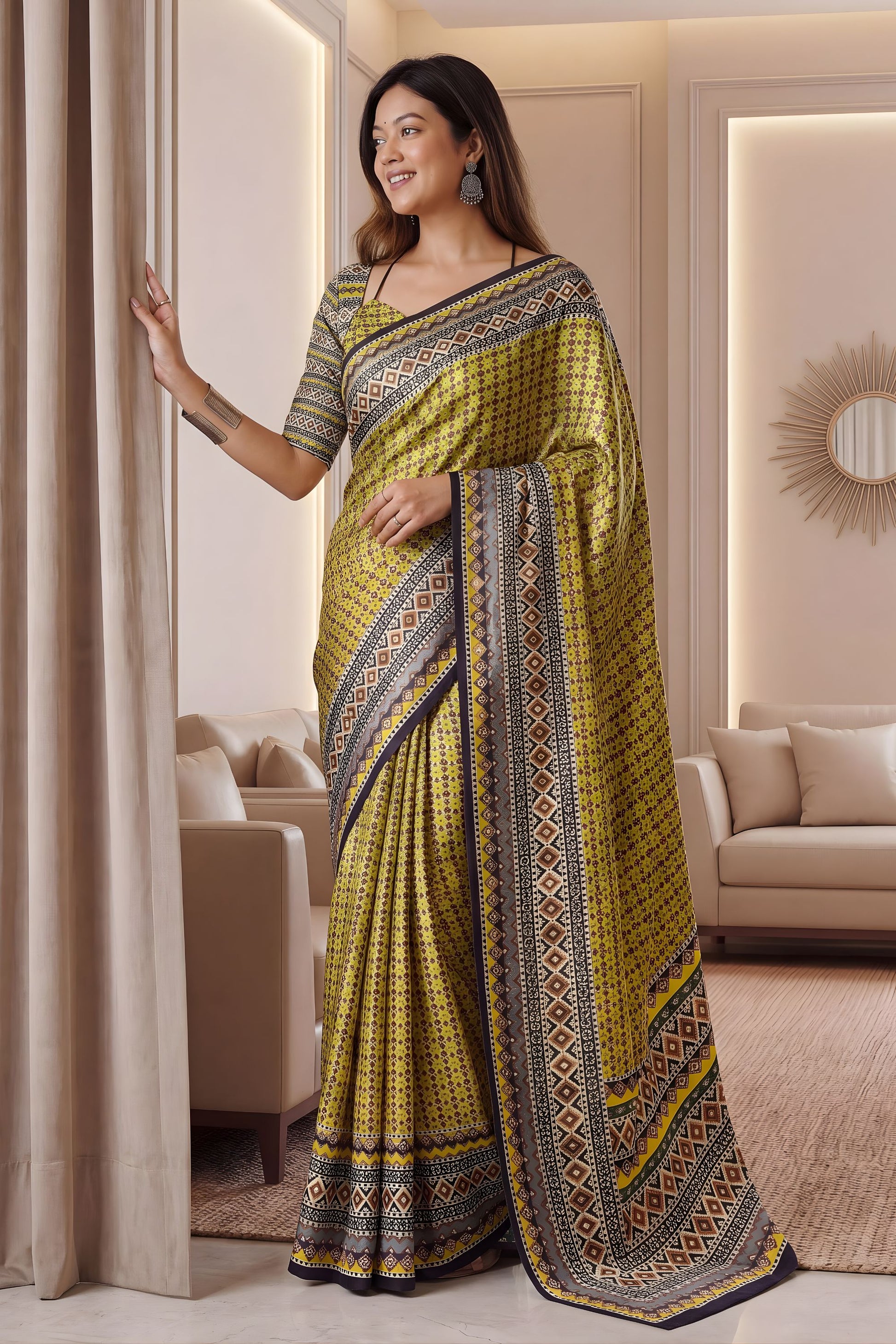 Elegant Mustard Yellow Chinon Digital Printed Saree Blouse Piece for Party Wear