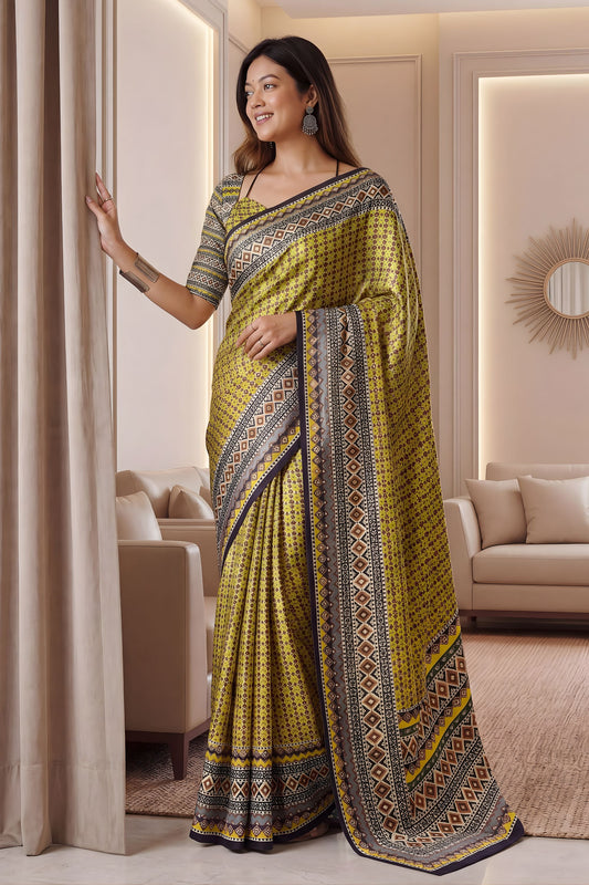 Elegant Mustard Yellow Chinon Digital Printed Saree Blouse Piece for Party Wear