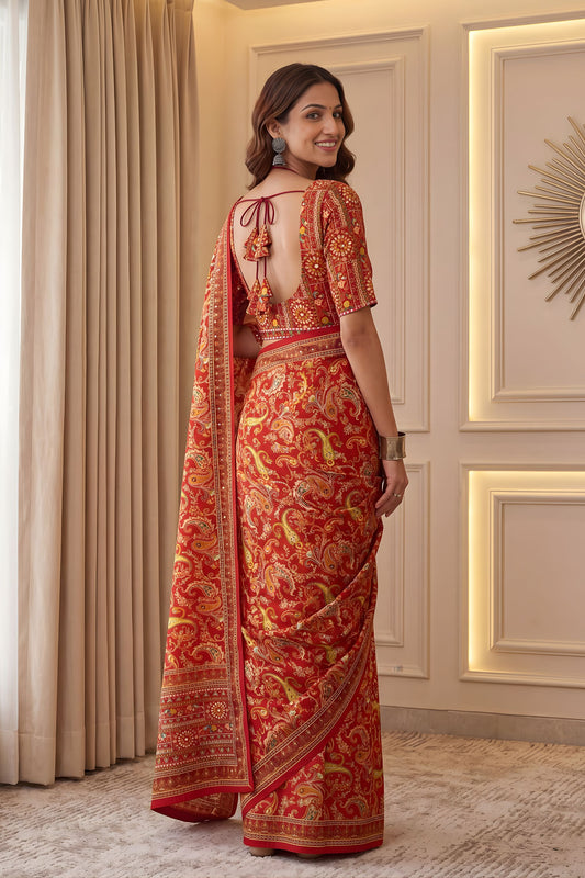 Elegant Multi Color Chinon Digital Printed Saree Blouse Piece for Party Wear