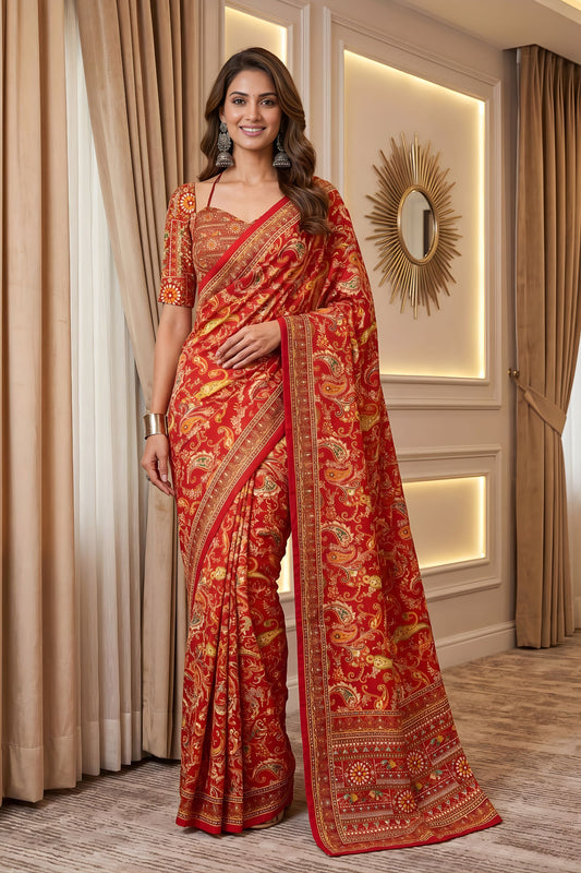 Elegant Multi Color Chinon Digital Printed Saree Blouse Piece for Party Wear