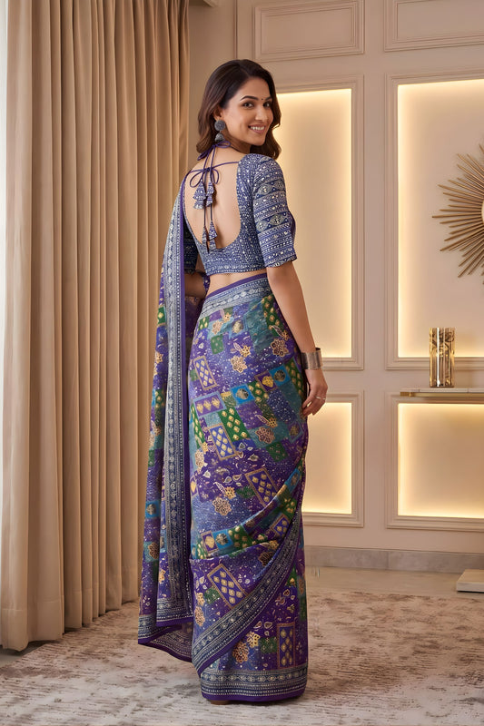 Elegant Multi Chinon Digital Printed Saree Blouse Piece for Party Wear