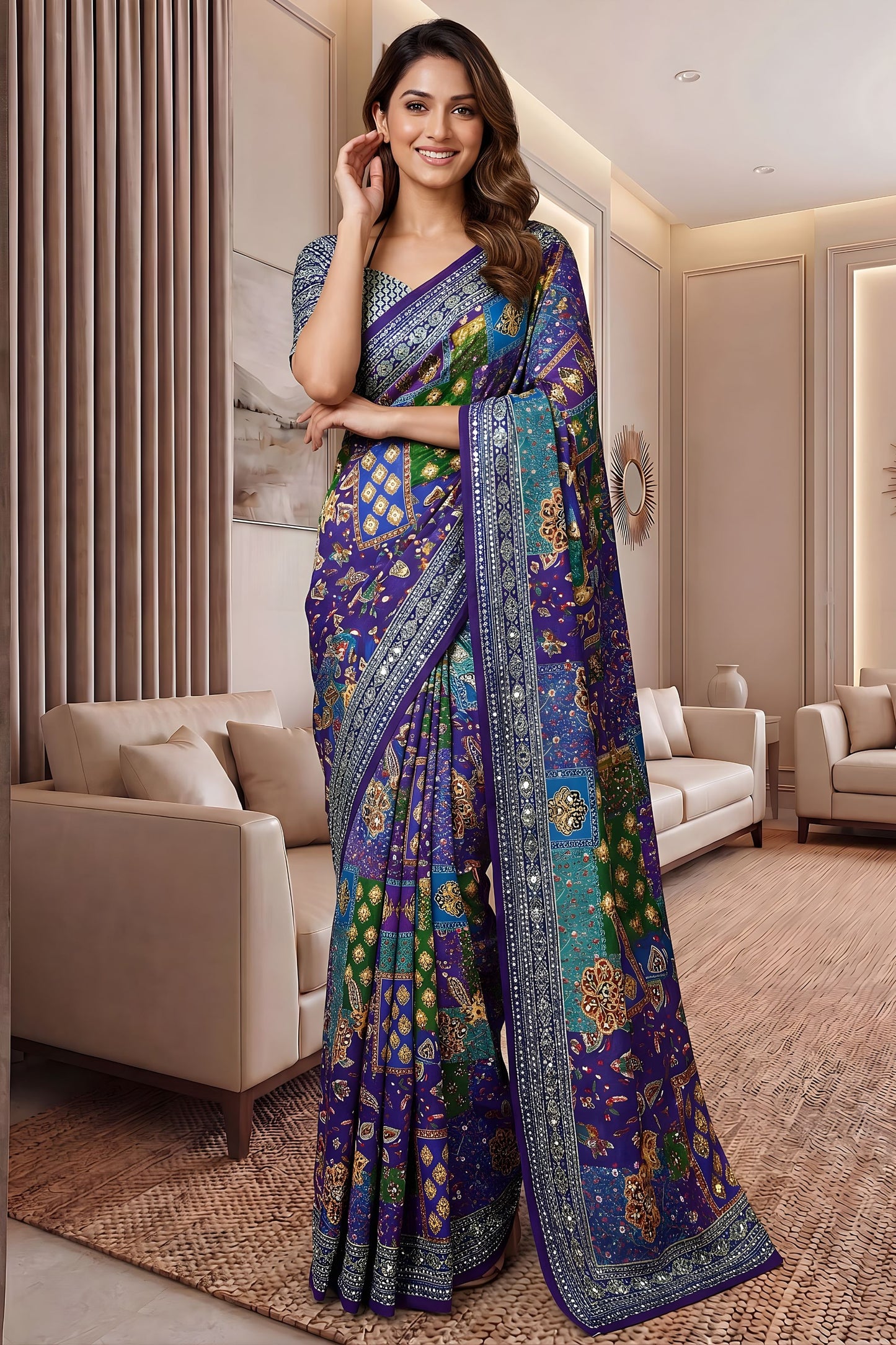 Elegant Multicolor Chinon Digital Printed Saree Blouse Piece for Party Wear