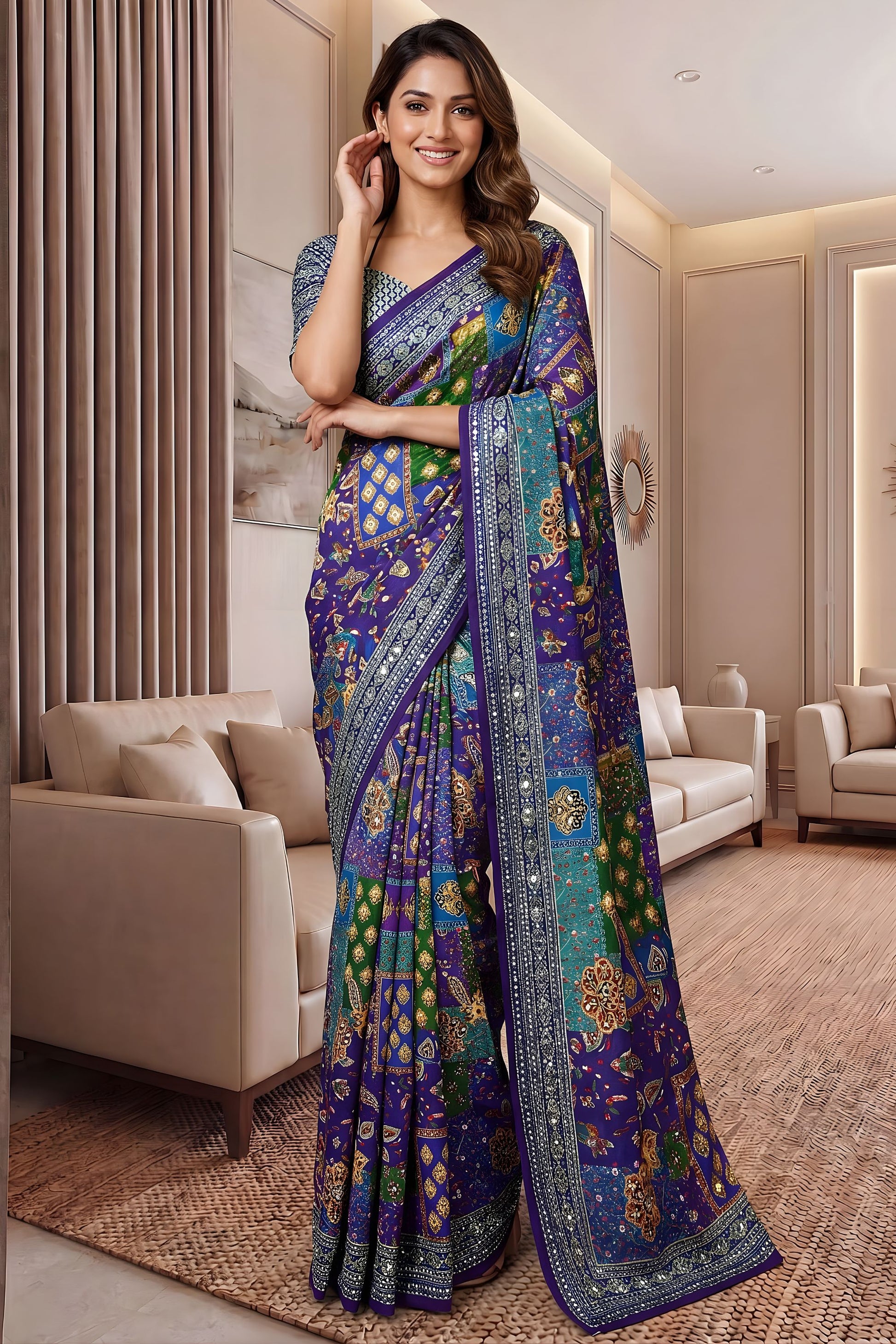 Elegant Multicolor Chinon Digital Printed Saree Blouse Piece for Party Wear