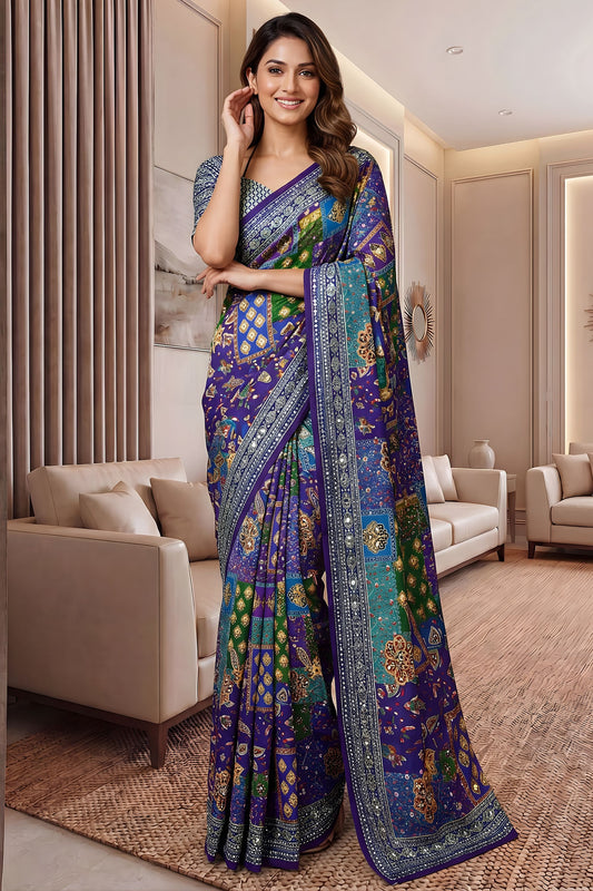 Elegant Multicolor Chinon Digital Printed Saree Blouse Piece for Party Wear