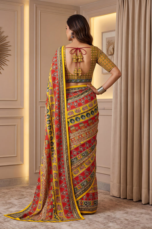 Elegant Multicolor Chinon Printed Saree Blouse Piece for Party Wear